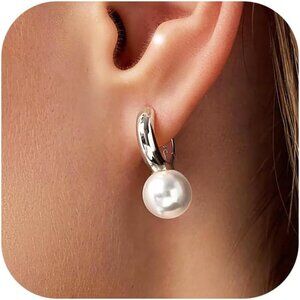 925 Sterling Silver Dainty Freshwater Pearl Small Hoop Drop Dangle  Earrings